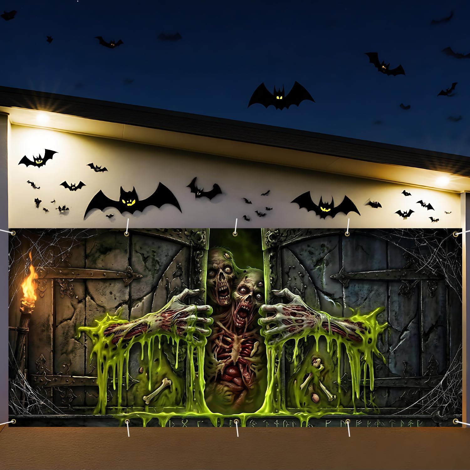 Slime Monster 7 x 16 ft Halloween Garage Door Decorations Halloween decorations Witch Door Cover, Hanging Banner, Cauldron Backdrop Mural for Home, Outdoor, Indoor, Spooky Party, Wall, Window