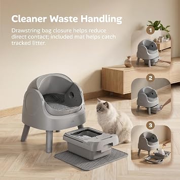 Mimfam Automatic Self Cleaning Litter Box, with 4 Pairs Infrared Senor, Open-Top Design for Multi-Cat Homes, with Liner Bags and Cat Litter Mat, Grey