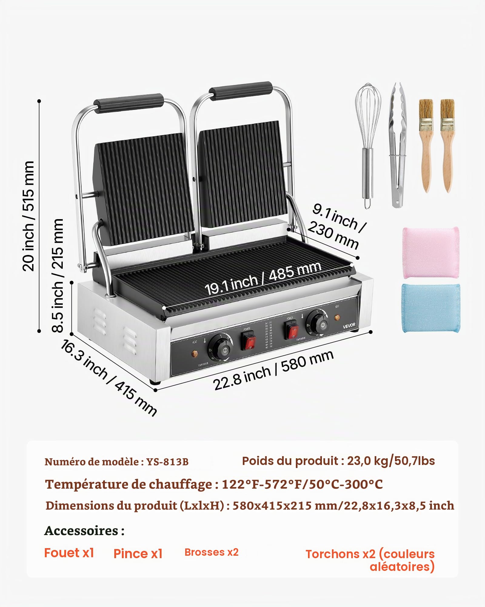 VEVOR Gril Panini Électrique 3600 W, Double Presse à Panini avec Plaque Émaillée Rainurée de 48,5x23 cm, Appareil à Sandwich en Inox, Contrôle de la Température, pour Hamburger, Steak, Cuisine