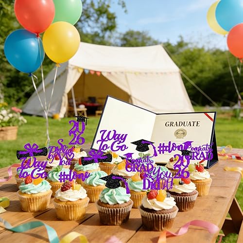 Miniatura 4 de Decoraciones de graduación 2025 morado, adornos para cupcakes de graduación 2025 morado y negro, suministros de decoración para cupcakes clase de
