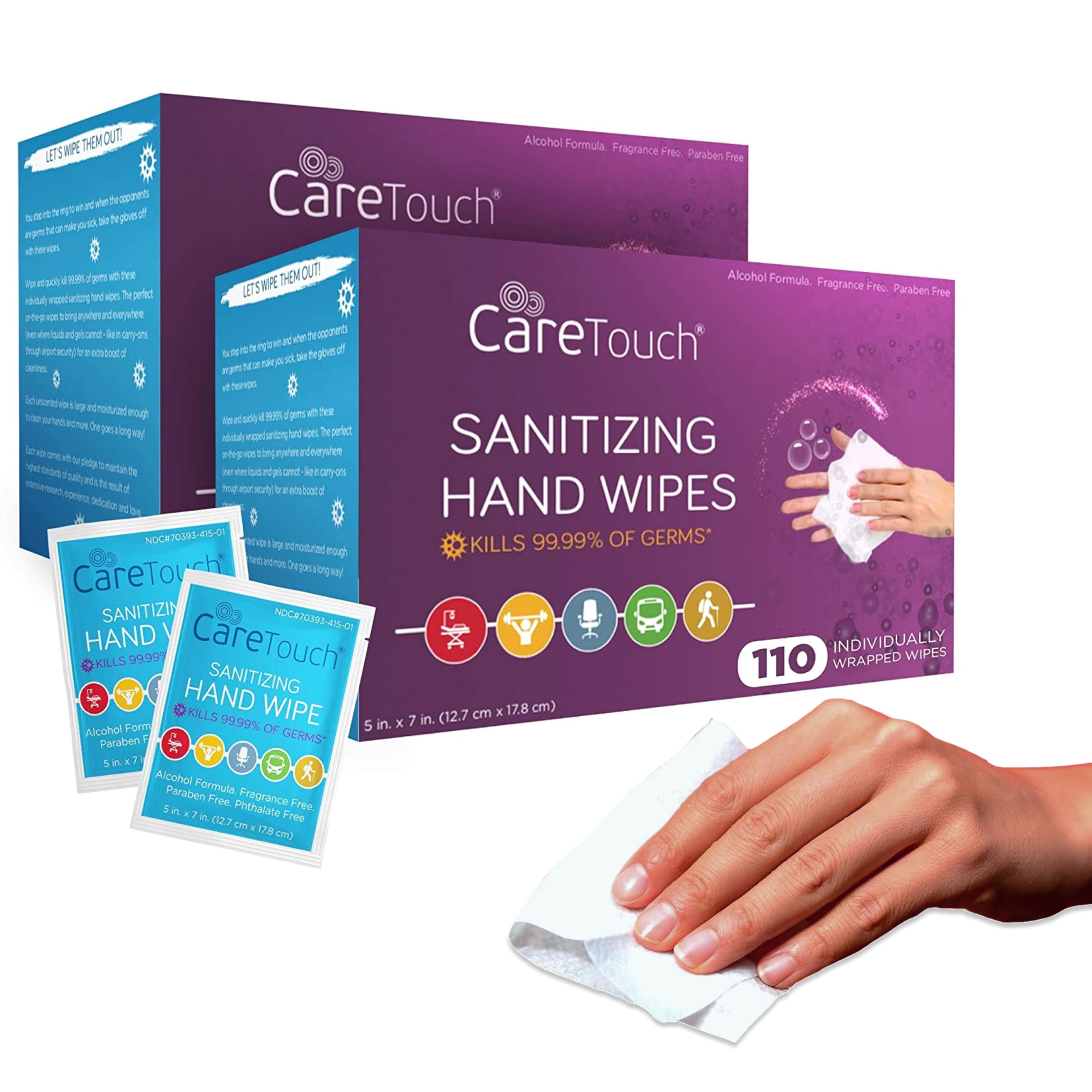 Care Touch Hand Sanitizer Wipes – 220 Individually Wrapped Packets (Box of 2, 110 Wipes Each)