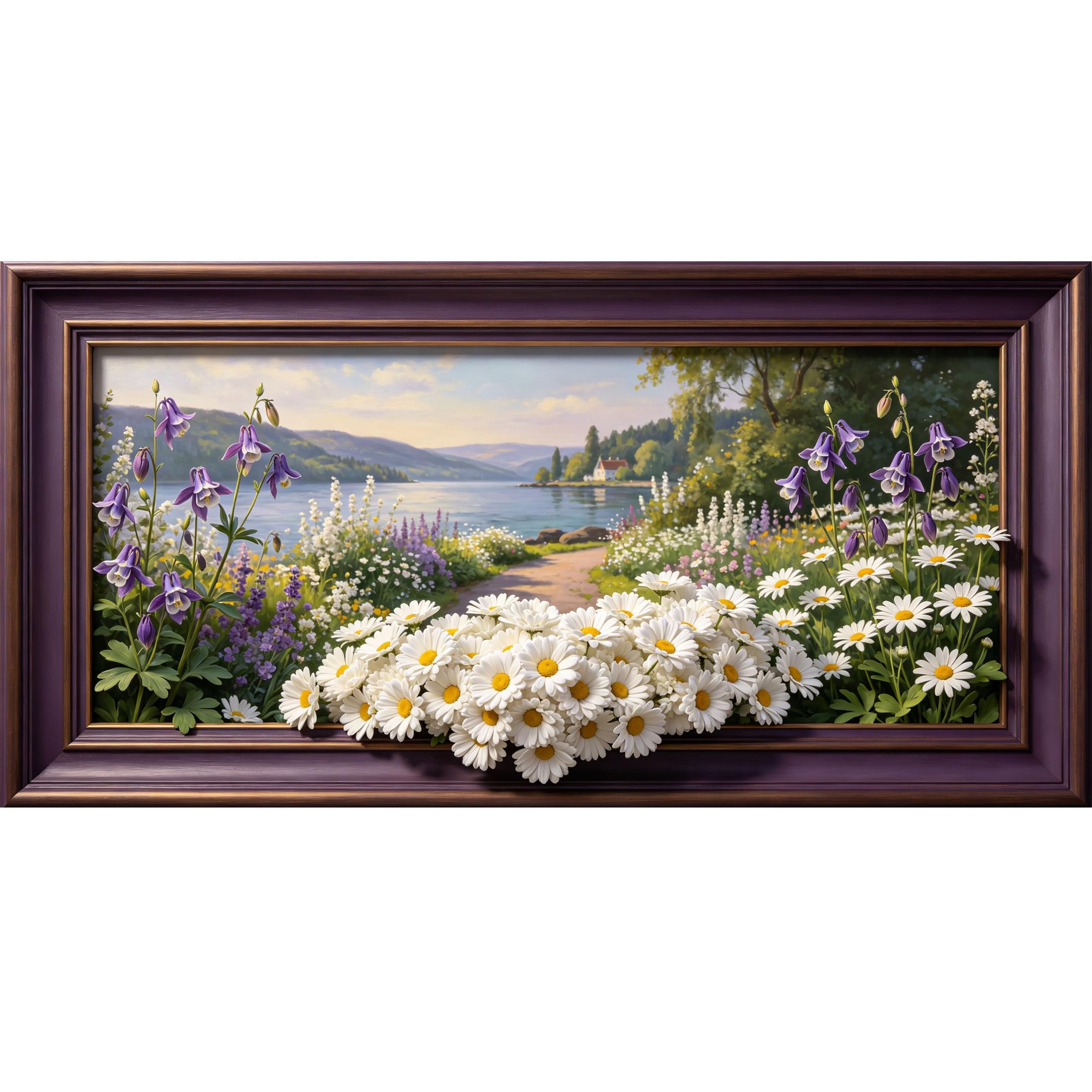 Agglomerix 3D Framed Wall Art Lake Path with Daisies and Bluebells Landscape Botanical Oil Painting Large Size Self-Adhesive Removable Wall Decor Prints Artwork for Living Room Bedroom Office