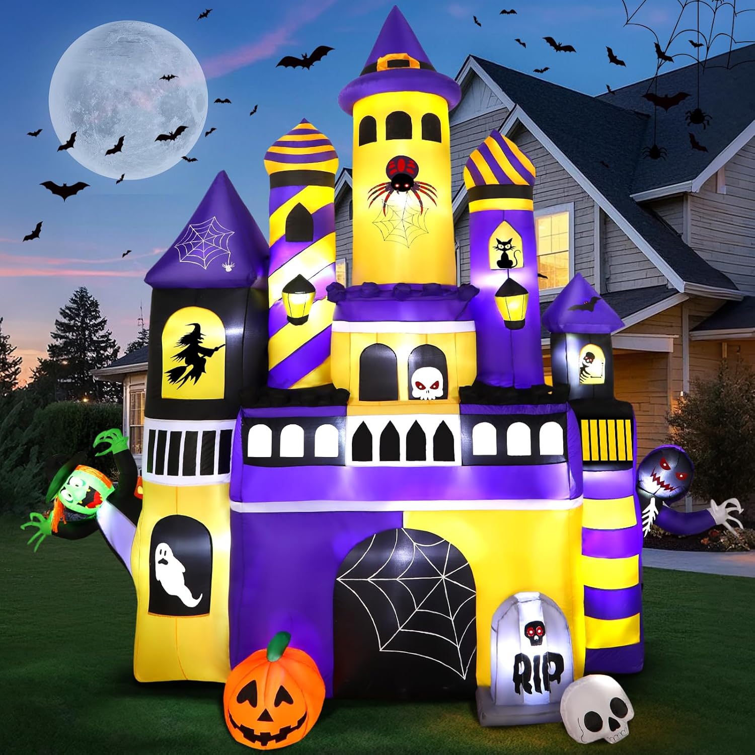 Giant 11FT Halloween Inflatables Castle Outdoor Decoration,Halloween Large Blow Up Witch and Ghost with Built-in LED Lights for Indoor Front Yard Lawn Garden Party Decor, 11 FT