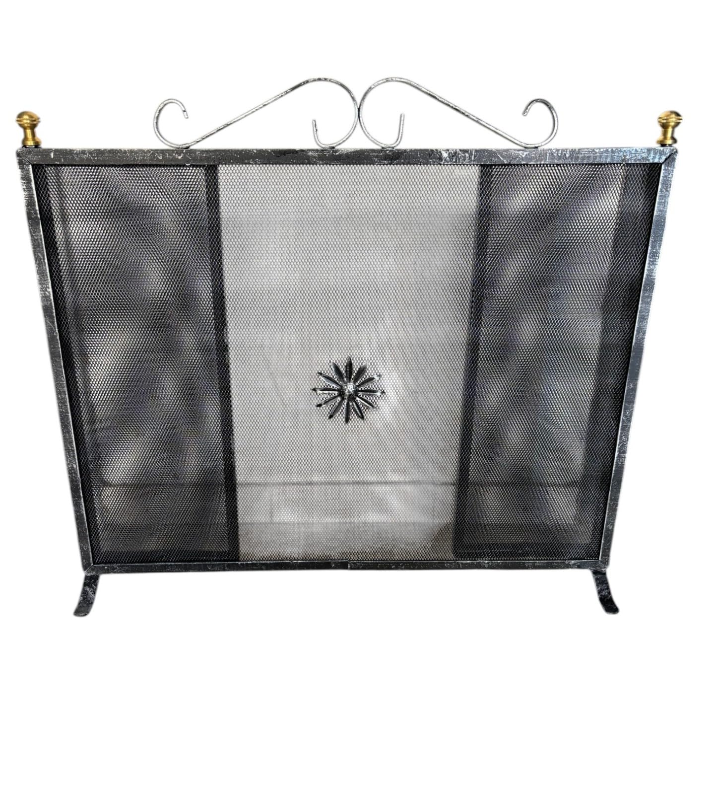 Parascintille per Camino/Caminetto, 3 Ante Richiudibili in Ferro Battuto con Pomelli in Ottone, Made in Italy (60 cm + (15 cm x 2 Antine) 48 cm h)