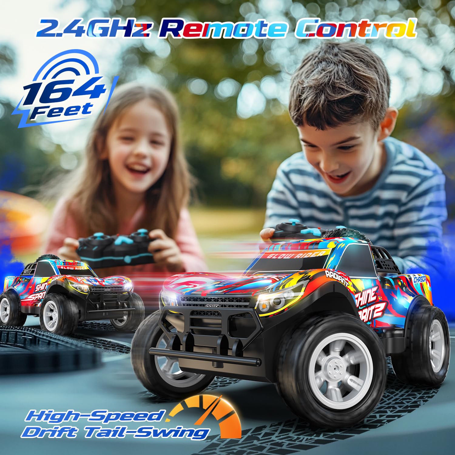 Voiture RC DEERC 4-8 Ans – Drift Tout-terrain 2,4 GHz – Lumières LED, Musique, Brume – 2 Batteries – 40 Min D'autonomie