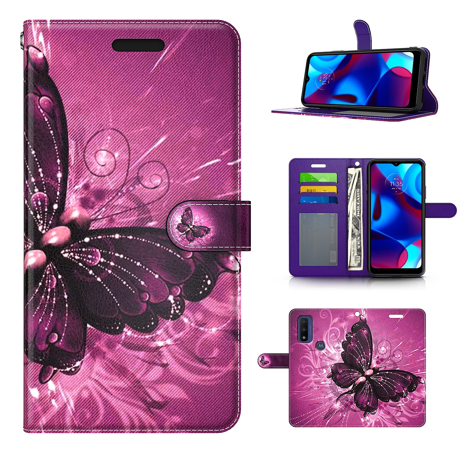 KACHEN for Motorola G Pure Case/Moto G Power 2022 Case, Purple Butterfly Wallet Pouch Case PU Leather Flip Cover with Hand Strap, Credit Card Slots Hybrid Cell Phone Case