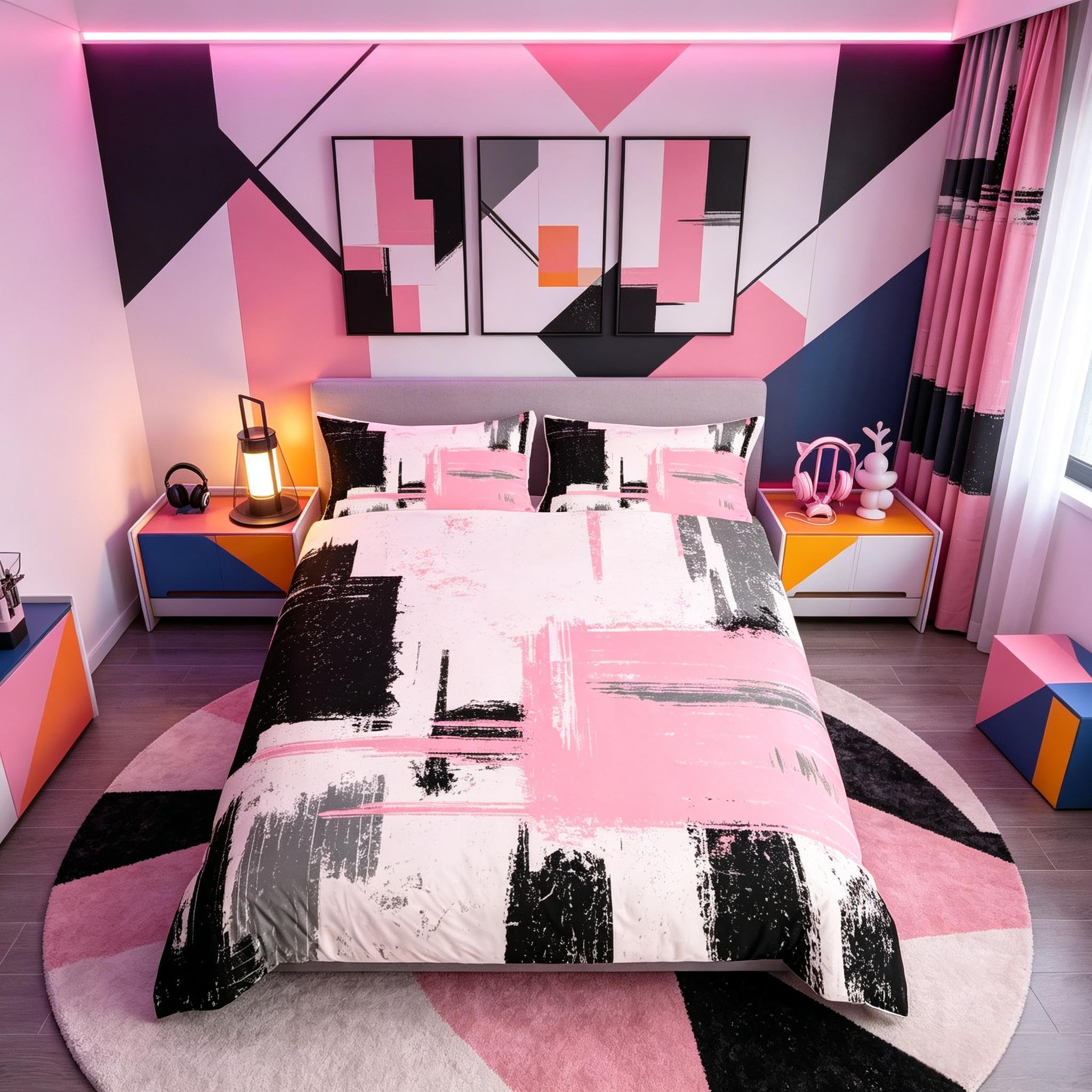 richhome Abstract Bedding Set Modern Abstract Art Duvet Cover for Boys Girls Children Pink Black Pattern Bed Cover Room Decor 3Pcs King — image 1