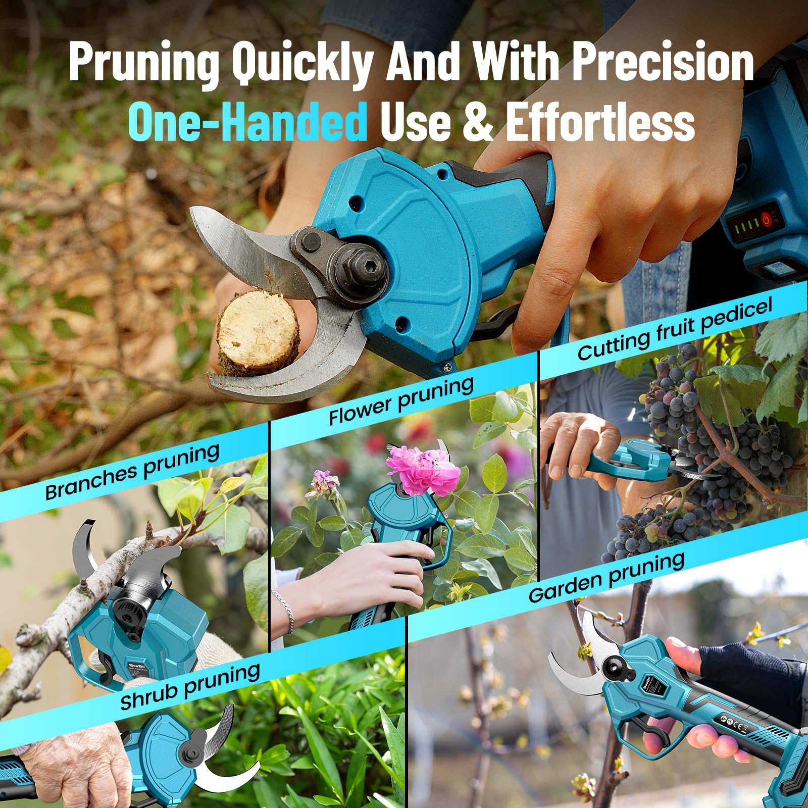 SeeSii Battery lopper, electric pruning shears up to 40 mm branch thickness, bypass knives, 21 V Li-ion tree shears, 2 x 2000 mAh batteries, LCD