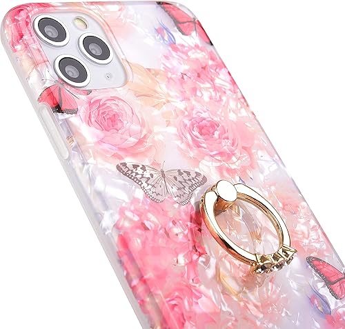 Miniatura 4 de Qokey, compatible con carcasa para iPhone 11, lindo diseño de moda con flores para hombres, mujeres, niñas cuenta con aro rotador de 360 grados,