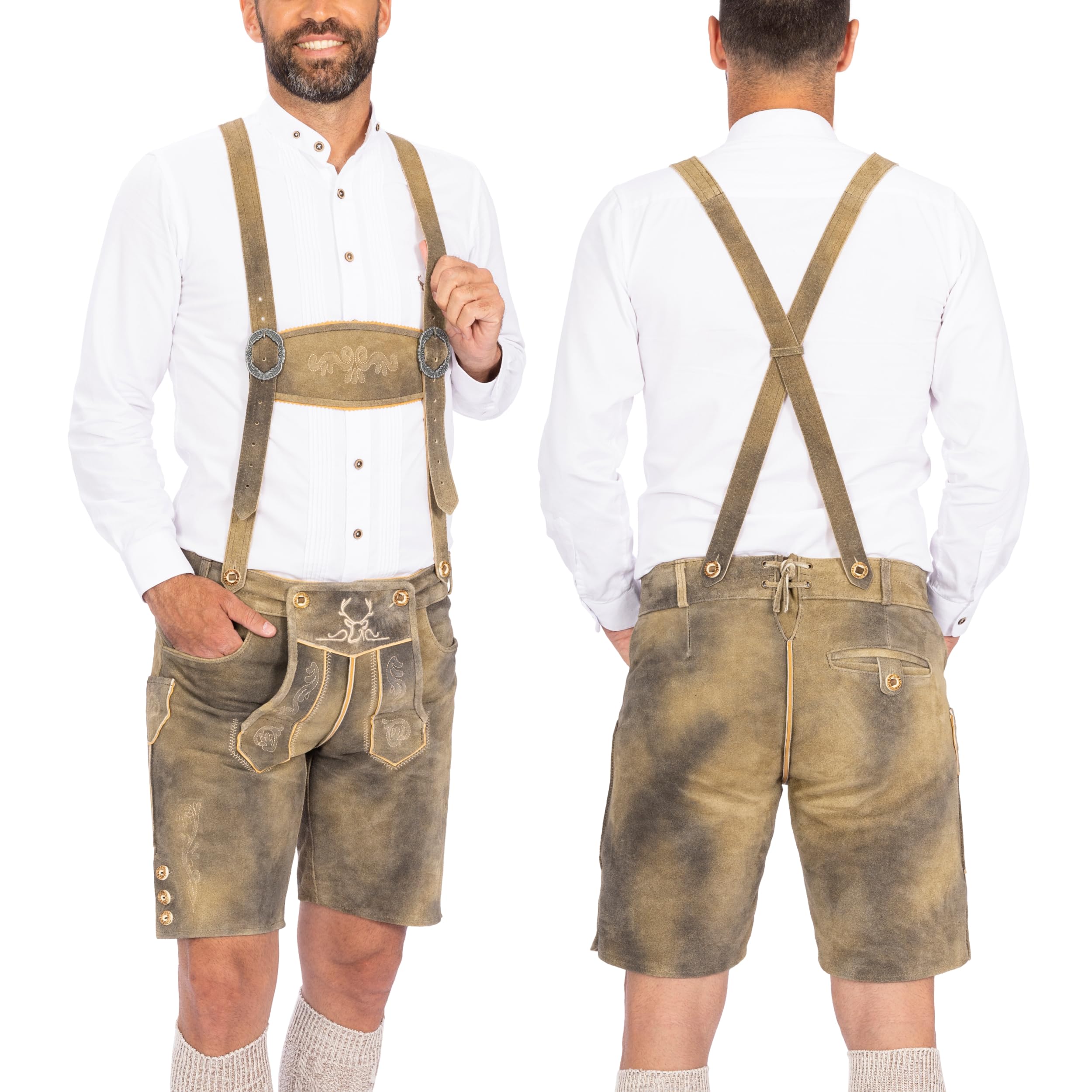 BAVARIA TRACHTEN Lederhosen Men Oktoberfest Costume, Genuine Leather German, Mushroom Brown Short, Green, White, Goat, Size 36