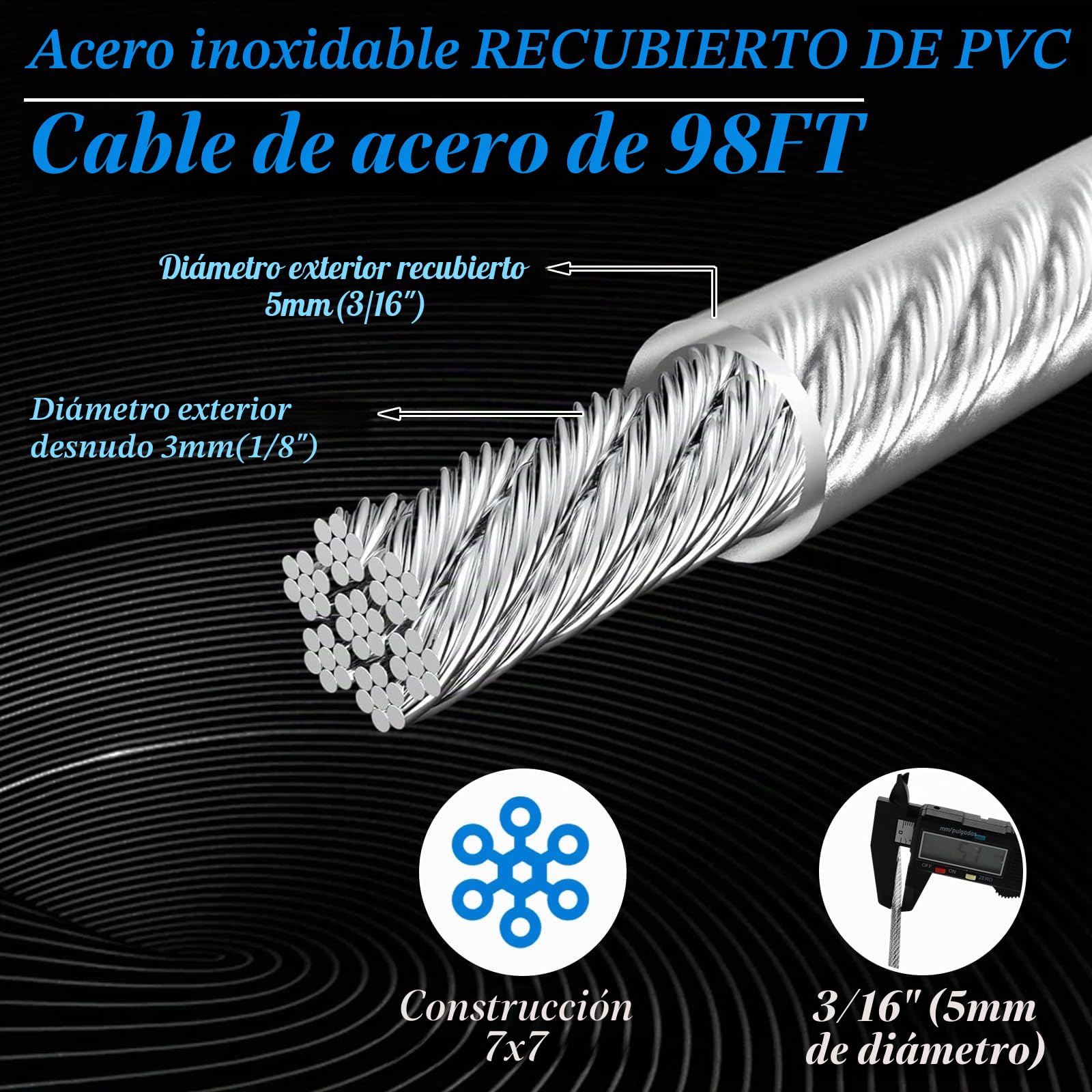 MIVIDE Cable de alambre de acero inoxidable de 5 mm, acero inoxidable 7 x 7, 30 metros de longitud, cable tensor de acero inoxidable recubierto de PVC, cable de alambre de acero inoxidable para valla