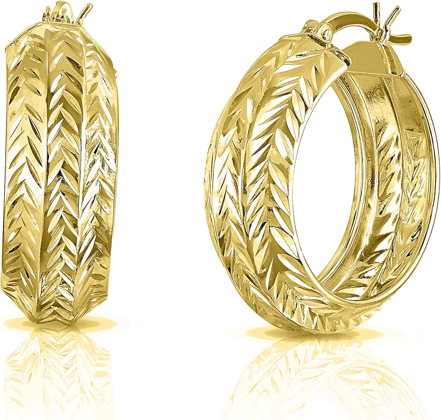 Savlano 18K Gold Plated 925 Sterling Silver Diamond Cut Round Hoop Earrings for Women