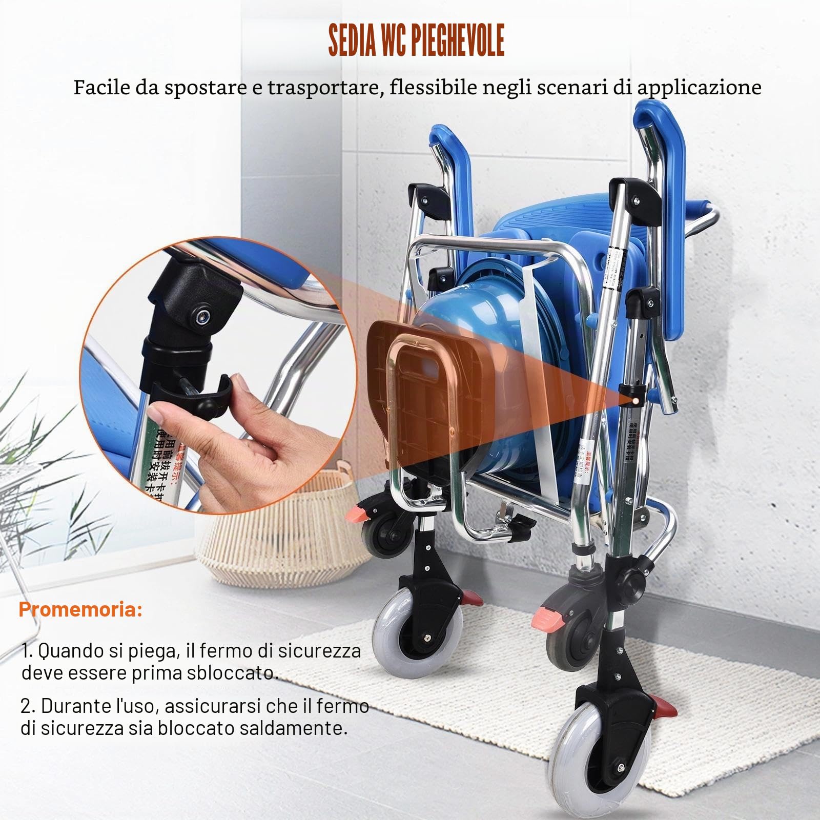 Sedia Comoda WC per Anziani con Rotelle, Capacità di Carico:150kg | Sedia Doccia Disabili con Ruote Pieghevole, Sedia a Rotelle Doccia con Seduta e Schienale Comodi, Quattro Ruote con Freni