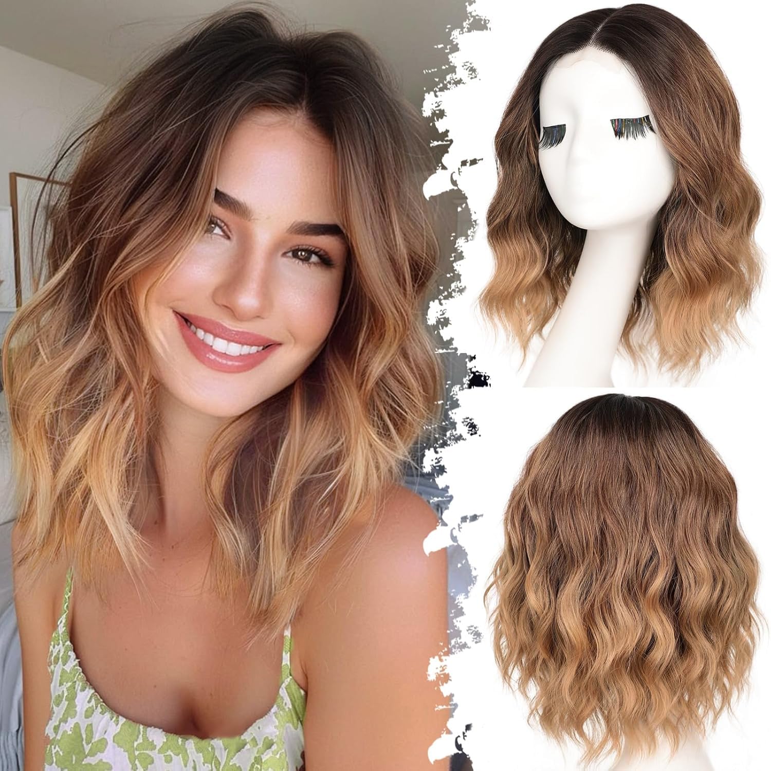 Photo 1 of Eawwii Brown to Honey Blonde Short Wavy Wig for Women Lace Hairline Bob Style Synthetic Heat Resistant - Natural Appearance for Everyday Hairstyle 14 Inch