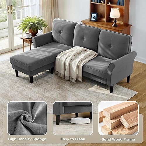 Miniatura 6 de Sofás para sala de estar, sofá modular de terciopelo de 83 pulgadas con otomana móvil, moderno sofá seccional pequeño de mediados de siglo, sofá en