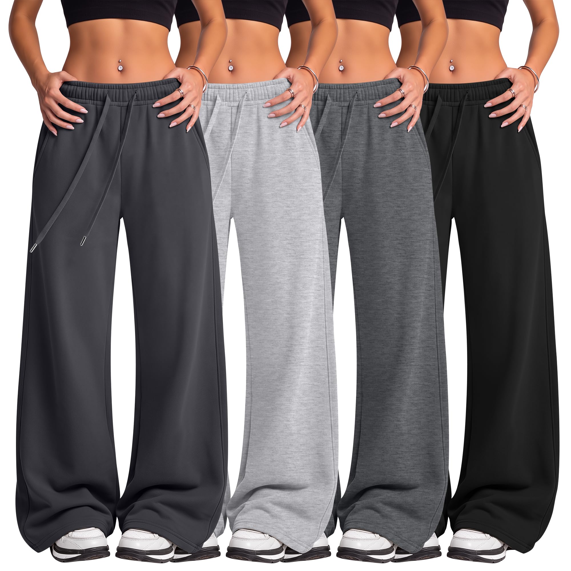 Yearntown 4 Pack Women's Wide Leg Baggy Sweatpants with Pockets | Baggy Lounge Pants, Loose Fit Workout Pants, Drawstring Waist with Pockets, Straight Leg Sweats, Fall Winter Casual Outfits