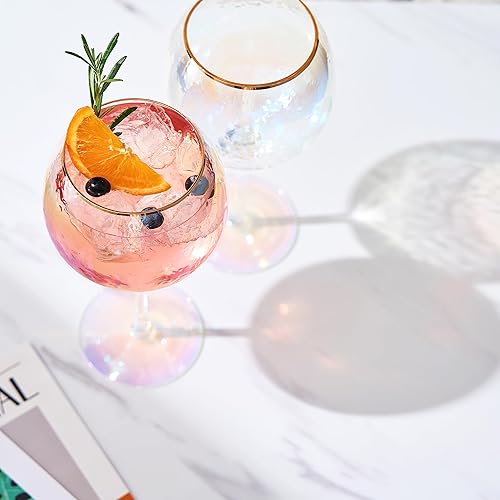 Miniatura 3 de Copas de vino martilladas iridiscentes con brillo Juego de 2 Borde dorado de 20 onzas de cristal colorido con tallo de globo Aniversarios