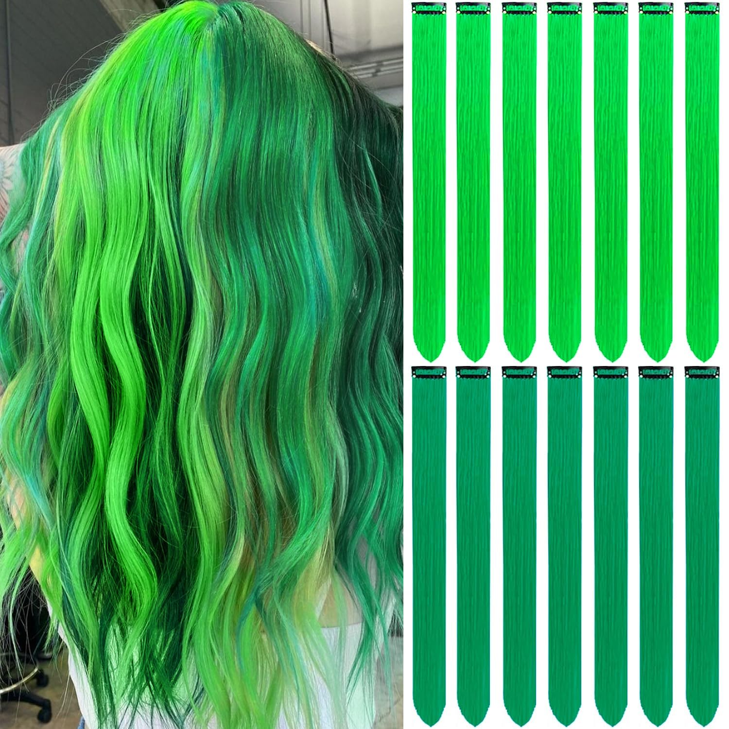 LADYAMZ Green Hair Extensions Clip in 14 PCS, 22 In Colored St Patricks Day Party Highlights,Synthetic Long Straight Colorful Hairpieces for Girls