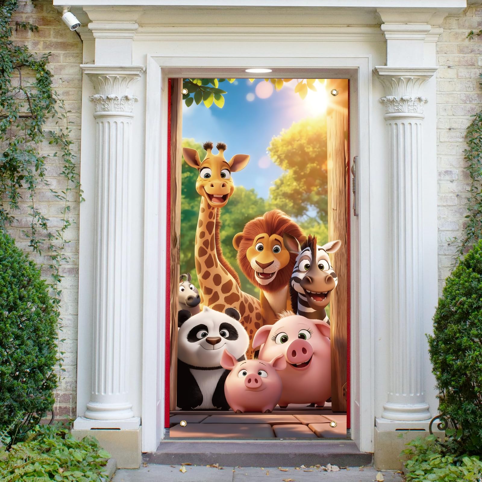 arricraft 1 Pc Cartoon Animal Theme Polyester Door Cover, 72.83"x35.43" Animal Welcome Backdrop Banner Door Porch Sign Photography Background for Party Porch Home Decor Accessories
