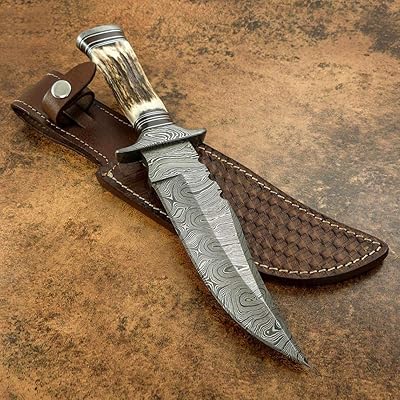 KE-01199-HK Custom and Handmade Damascus Steel Hunting Knife with Stag Horn Handle with Leather Sheath