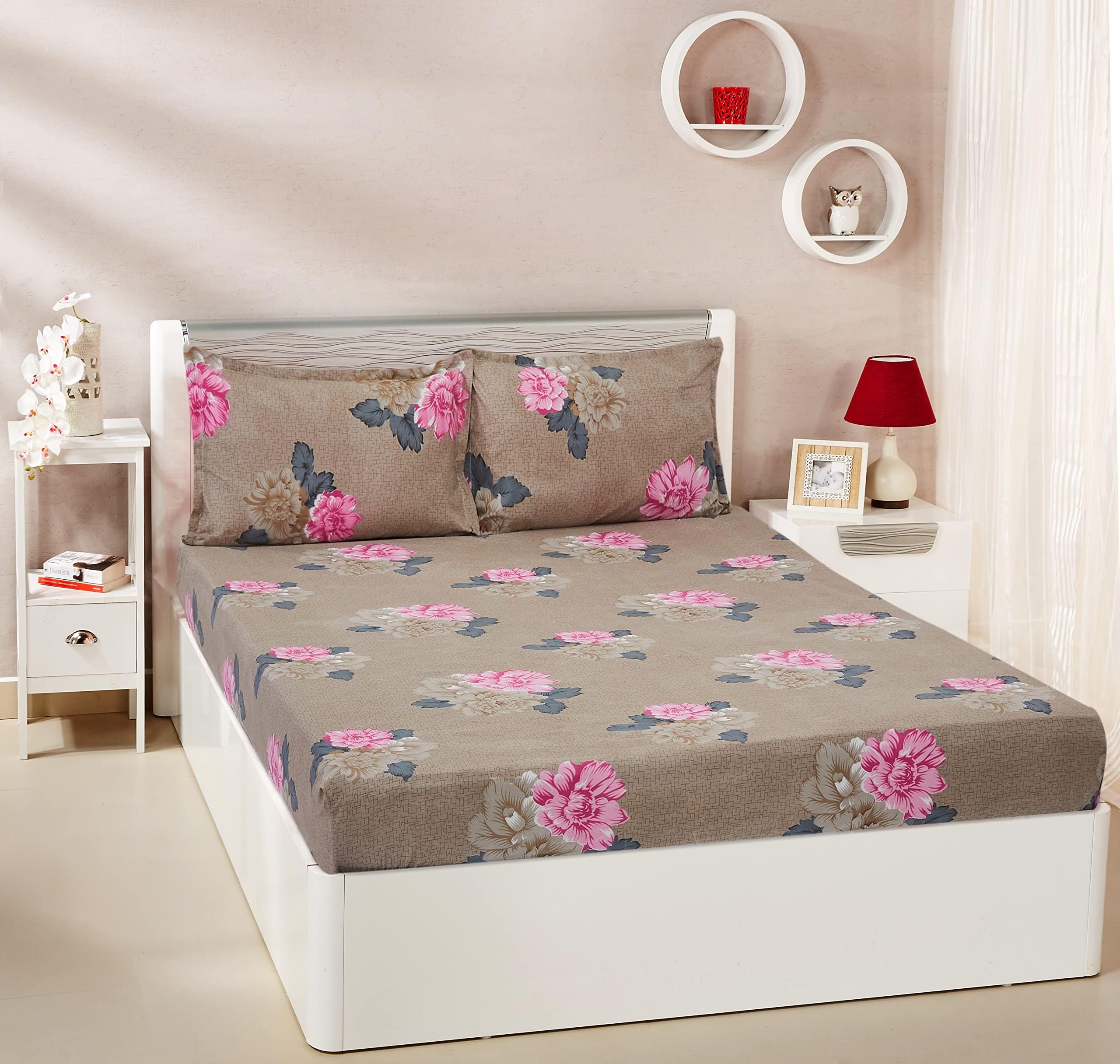 Amazon Brand - Solimo Morning Glory Microfibre Elastic Fitted Bedsheet for Double Bed with Two Pillow Covers (Beige Colour)