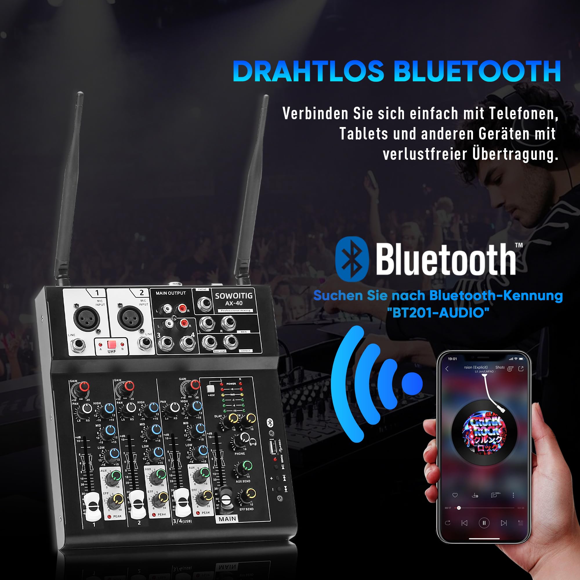 Table de mixage karaoké avec 2 microphones sans fil, table de mixage audio 4 canaux DJ, console de son, microphone sans fil, avec Bluetooth, port USB, alimentation fantôme 48 V pour