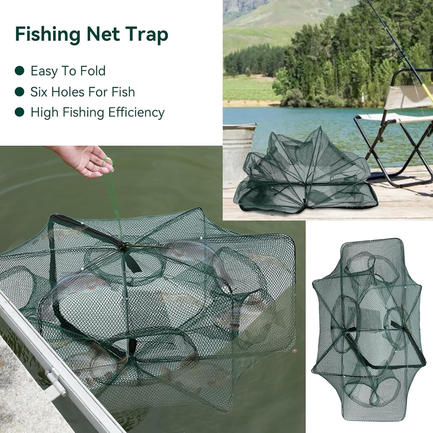 Filet de Pêche Automatique 6 Trous Piège à Appâts de Pêche en Nylon Pliable Facile à Utiliser pour Crevettes Vérons Ménés Crabes