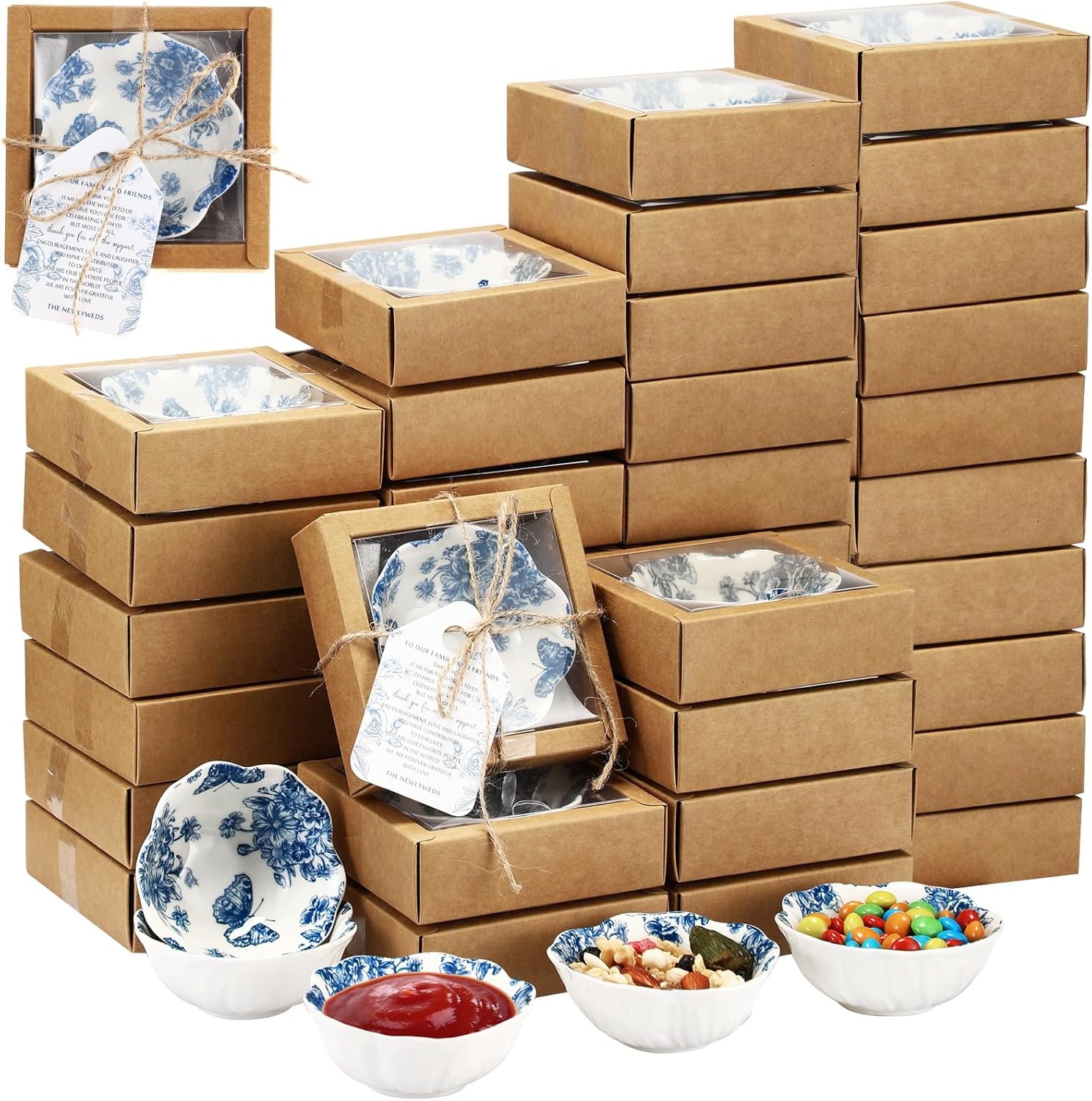 30 Pack Wedding Favors for Guests Small Ceramic Bowls Bulk Gifts Set 3.3 Inch Blue Floral Design Mini Dipping Bowl Sauce Dish with Cards Box for Party Shower Favor Souvenir