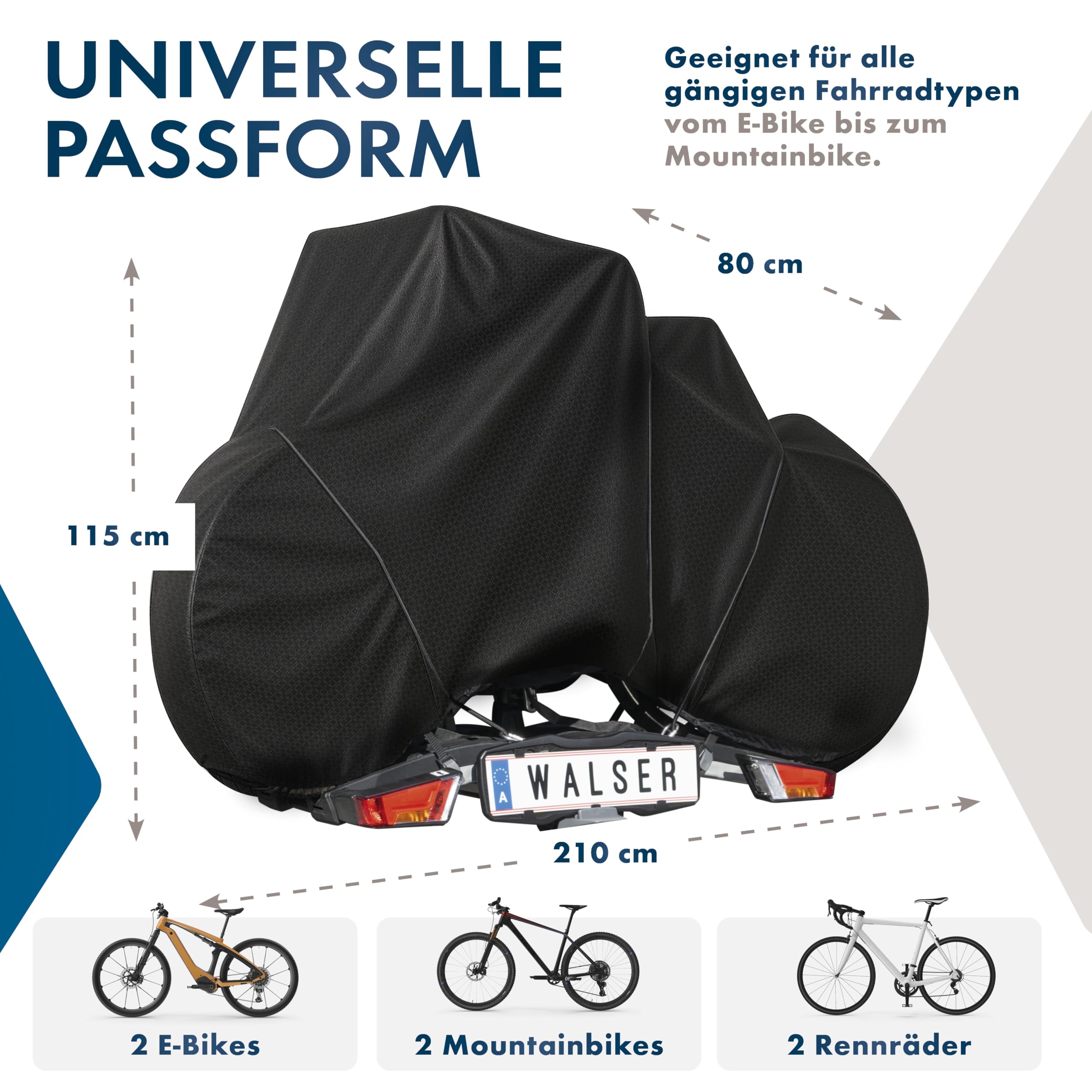WALSER Fahrradabdeckung für 2 Fahrräder, 100% wasserdichte Fahrradschutzhülle für Fahrradträger - optimal für Wohnmobil/Bus, Fahrradgarage inkl. Spanngummi + Aufbewahrungstasche 210x80x115cm schwarz