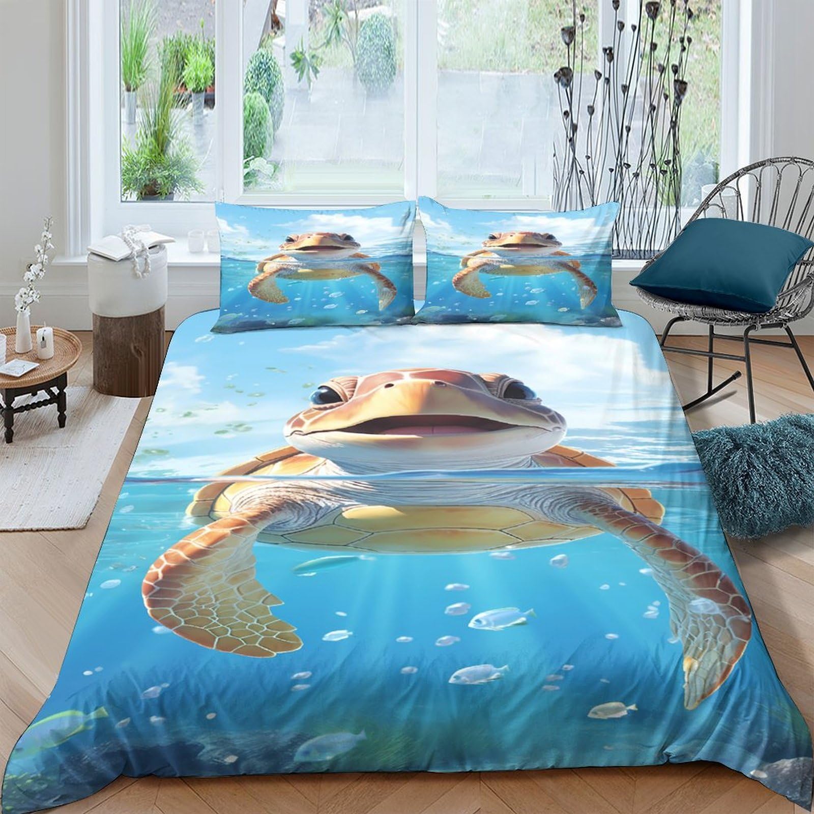 TUFRTGYHN 3D Printed Sea Turtle Duvet Cover Microfiber Soft Breathable Ocean Underwater Bedding Set with 2 Pillowcases for Bedroom Decor Single（135x200cm）