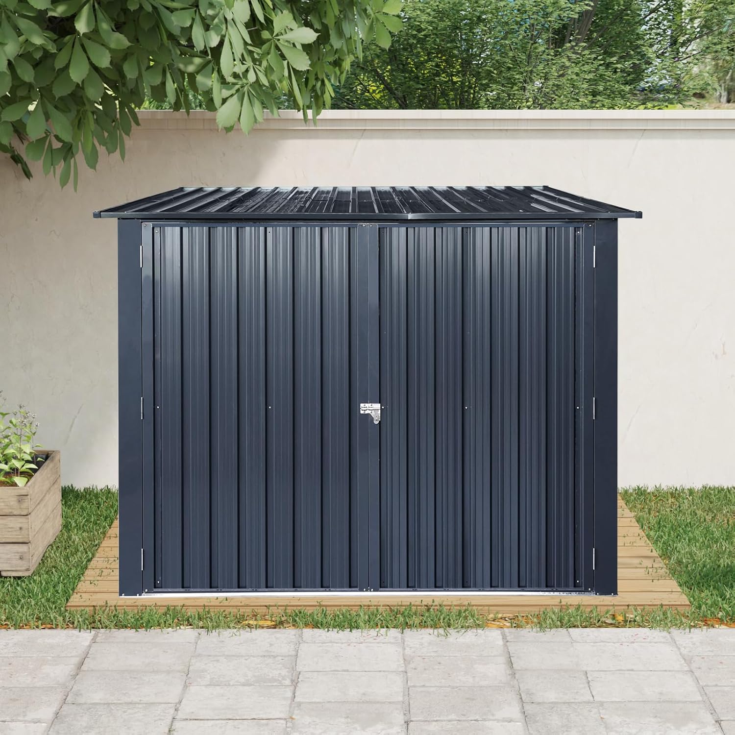 Outdoor Metal Bike Storage Shed with Slope Roof, 4 Adjustable Tracks, Double Doors, 81.25 x 76 x 64 Inch, Black