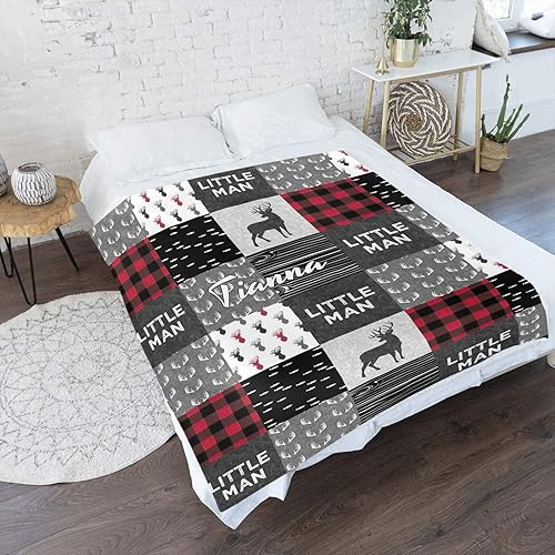 Miniatura 2 de Manta personalizada con diseño de astas, Little Man con texto y nombre, manta de forro polar súper suave para sofá, cama, 50 x 60 pulgadas