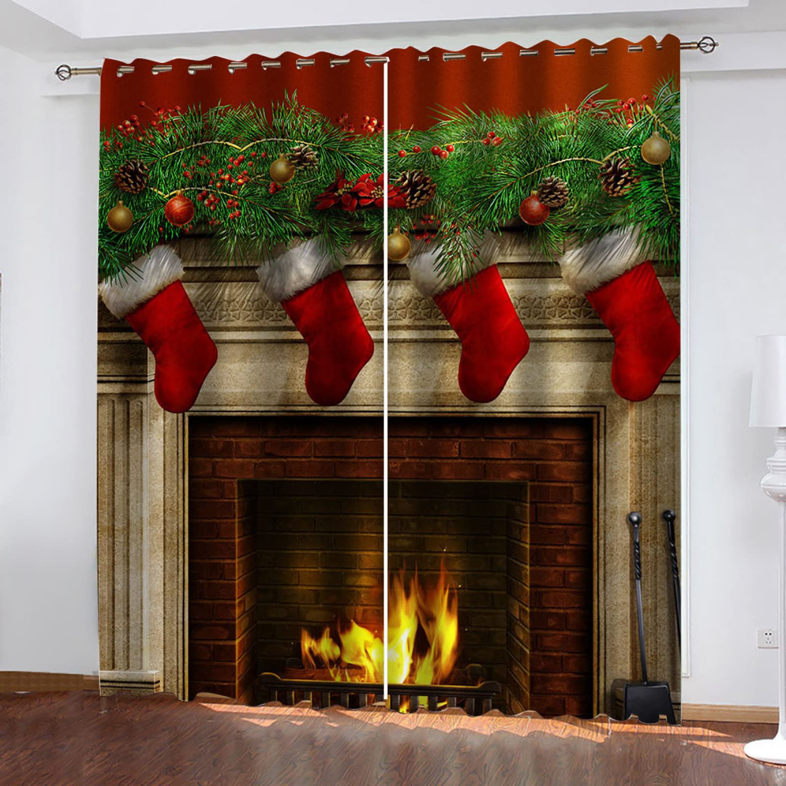 Cortinas Termicas Aislantes Frio Y Calor Para Ventanas 2 Piezas 3D Calcetín Navideño Decoración De Rama De Pino 234X230Cm Cortinas Opacas Termicas Aislantes Frio Y Calor Cortinas Salon Modernas Dormi