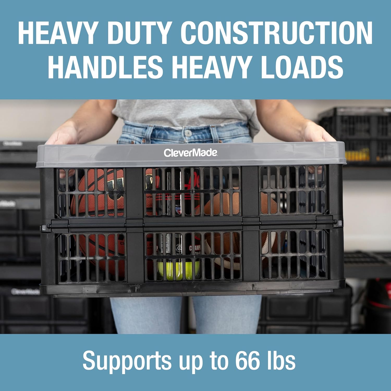 CleverMade Collapsible Utility Crates 45L (3 Pack) – Foldable Plastic Crates with Heavy Duty 66 lb Capacity, Collapsible Crates for Storage, Trunk Organization, Moving - Stone