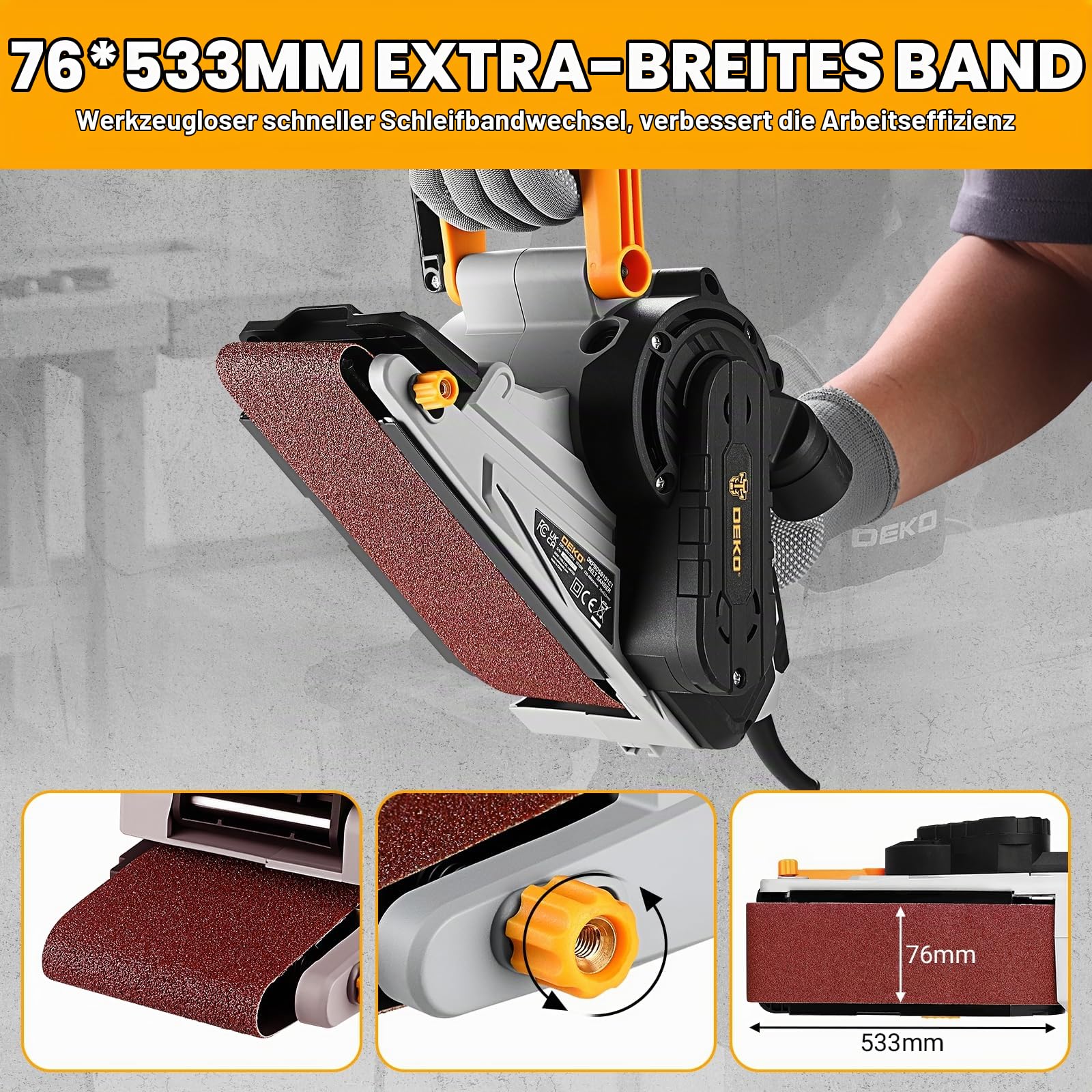 DEKOPRO 1010W Bandschleifer mit verstellbarer Geschwindigkeit 120-400m/min, Schleifmaschine für Holz mit verstellbarem Vordergriff Abdeckung, inkl. 10 Schleifbändern, Staubbeutel & 2 Metall-C-Klemmen