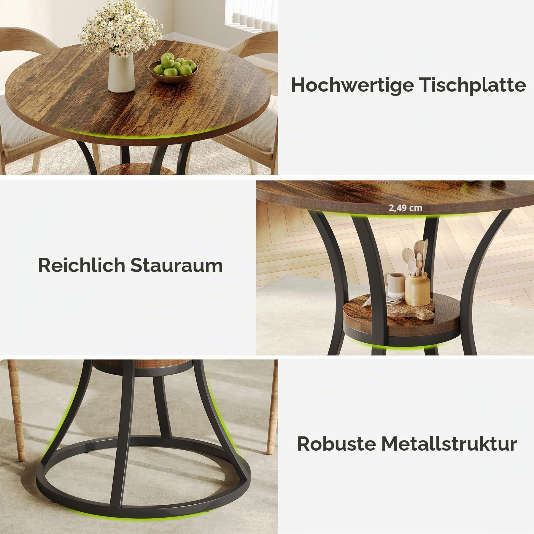 Tribesigns Runder Esstisch, Küchentisch für Esszimmer Wohnzimmer, 80 cm Esszimmertische für 2-4 Personen, Kleine Esstisch mit mit Stauraum und Metallfuß, rustikales Braun (nur Tisch)