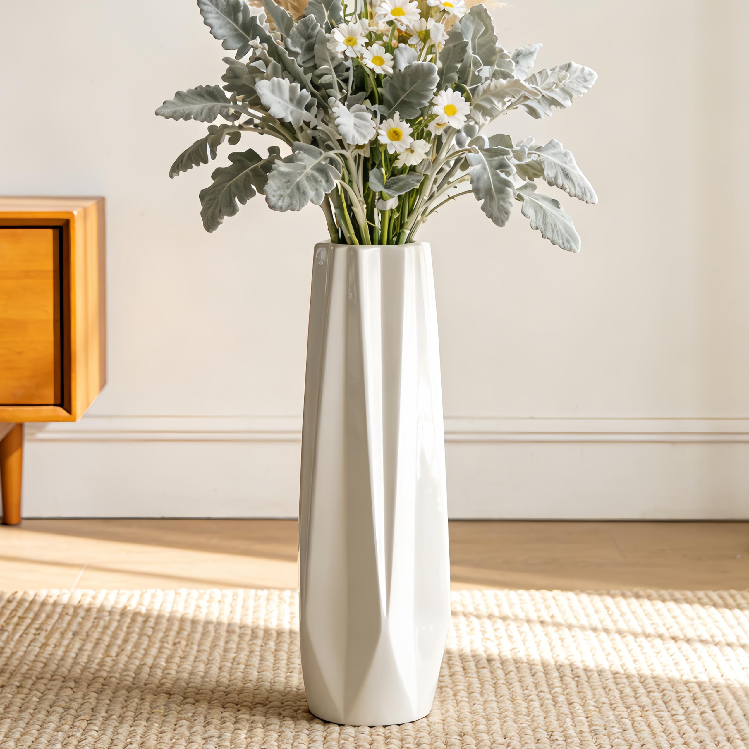 TDIAVH White Tall Ceramic Floor Vase, 17.7 Inch, Faceted Design
