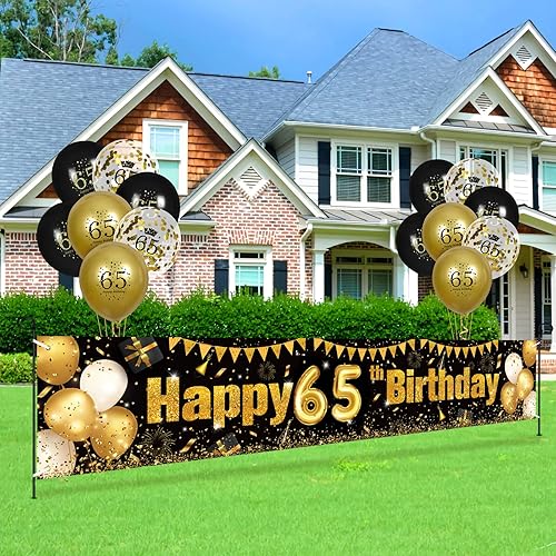 Miniatura 2 de Decoraciones de cumpleaños número 65 para hombres y mujeres, cartel negro y dorado para patio y 18 globos de feliz cumpleaños para suministros