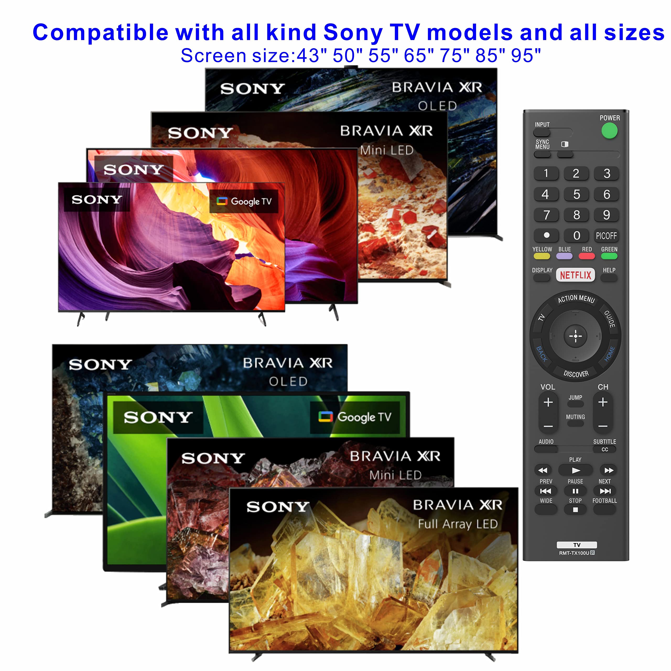 RMT-TX100U Replacement Remote for Sony Bravia LCD LED HD Smart TVs, with Netflix Button, No Voice Control, Compatible with All Sony TV Models (Remote RMF-TX100U)