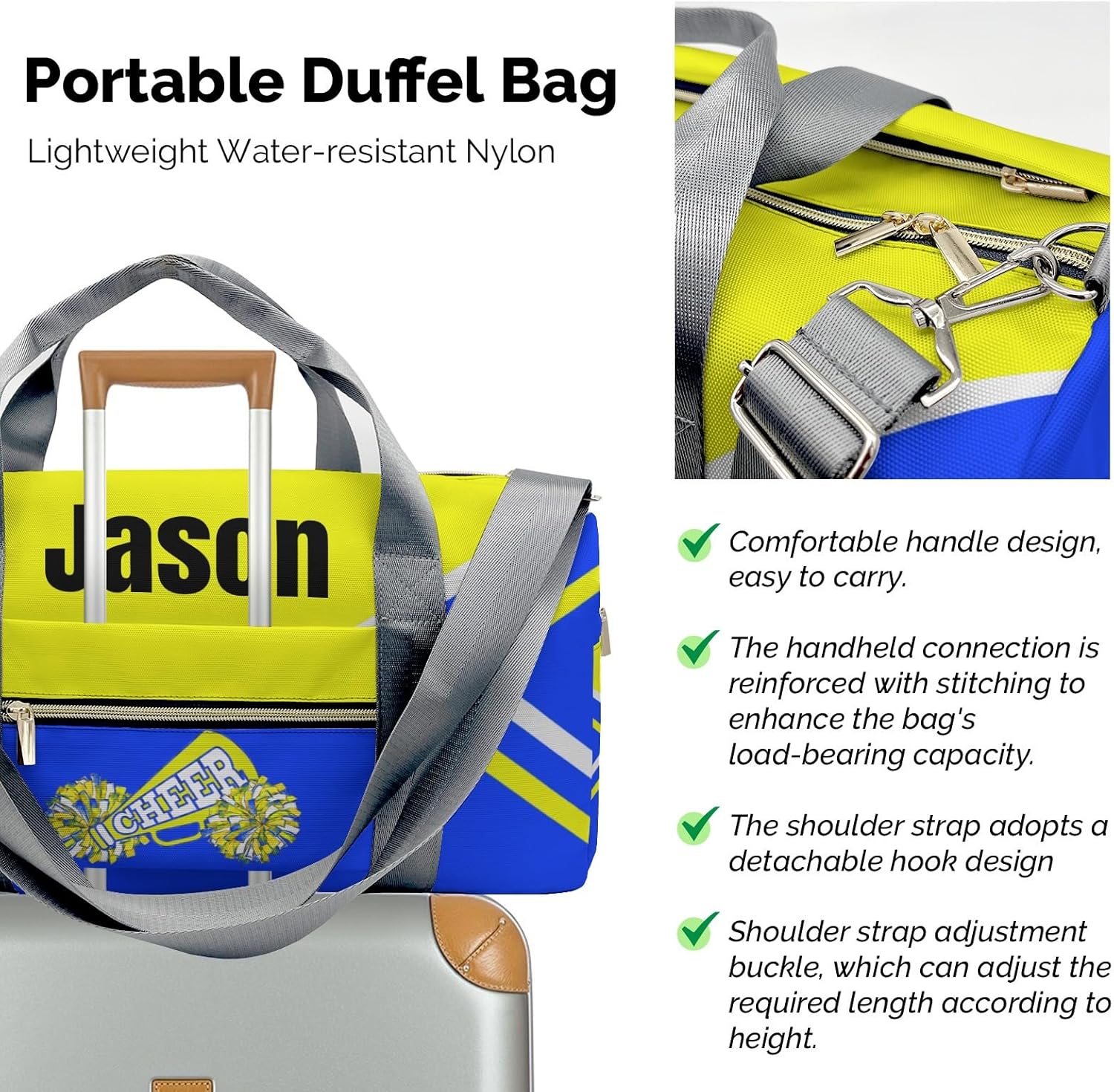 Cheer Personalized Cheerleader Sport Duffel Bags,Customized Waterproof Gym Travel Duffel Bag with Trolley Sleeve Duffel Bags for Men Women,Shoulder Bag with Shoe Compartments .(Yellow Blue)