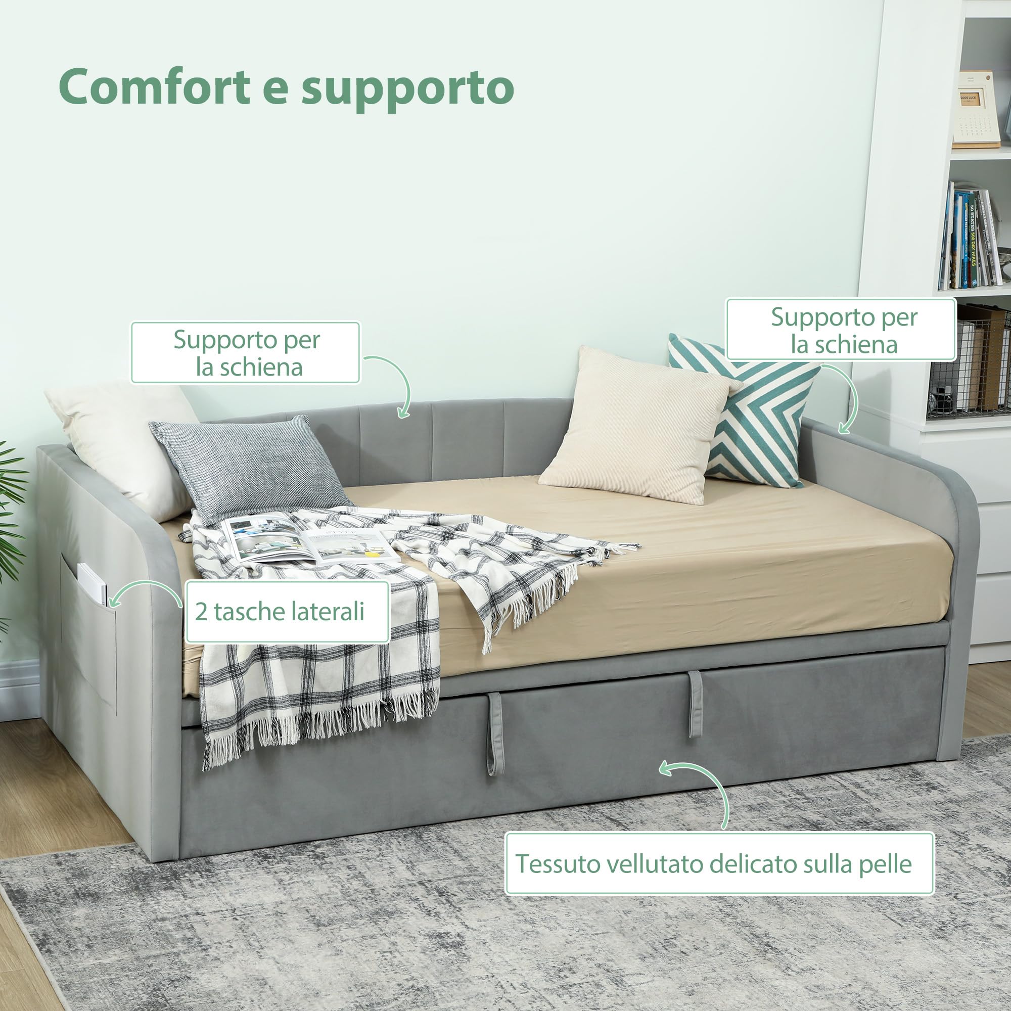 HOMCOM Struttura Letto 90/180x190 cm Estraibile Convertibile Grigio Chiaro