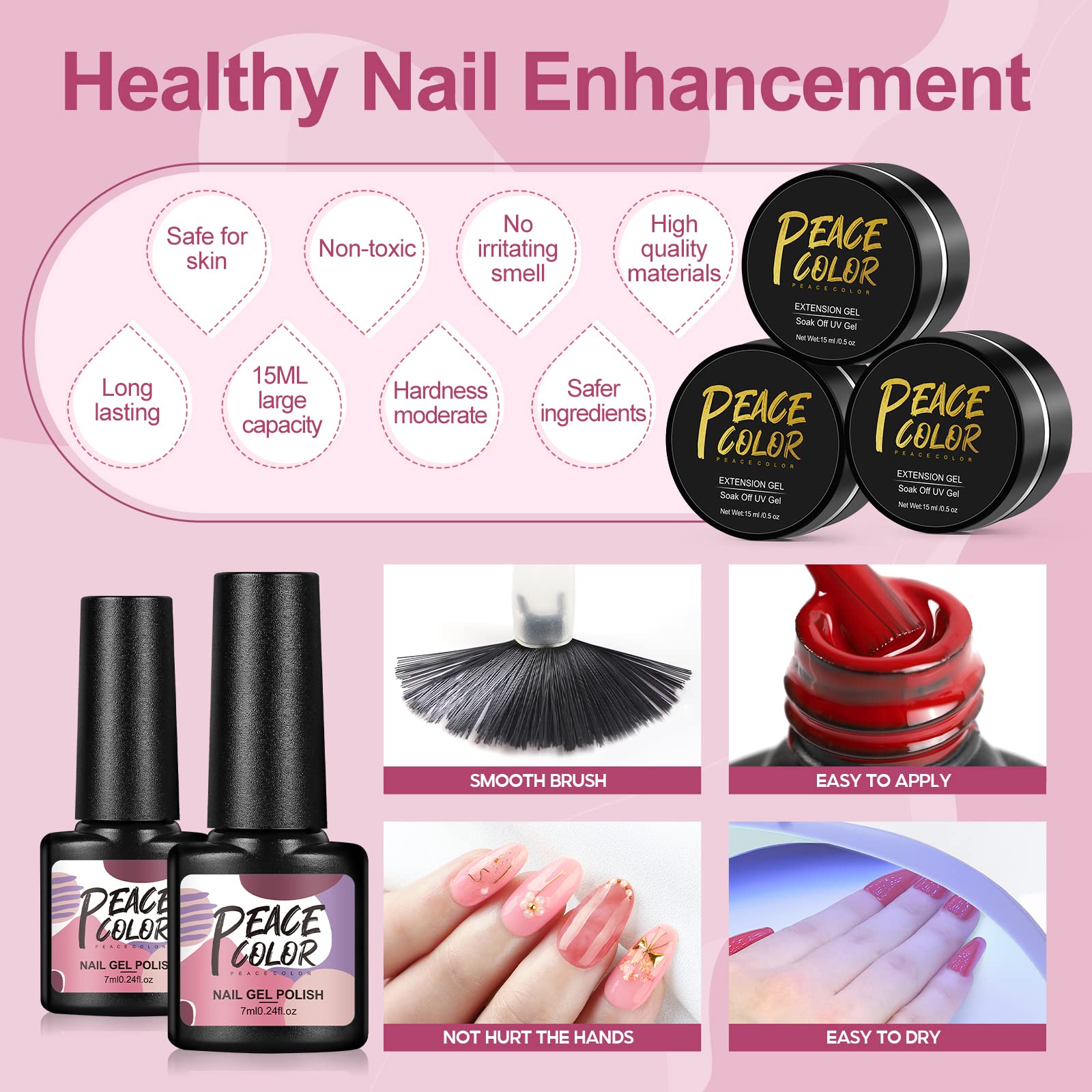 PEACECOLOR Kit Uñas Semipermanentes Completo 21PCS Esmalte en Gel 7ml con Matte Top Coat y Basecoat con 36W Lámpara Led Uñas Kit Uñas Poly U-V Gel Uñas de 15ml Accesorios para Manicura