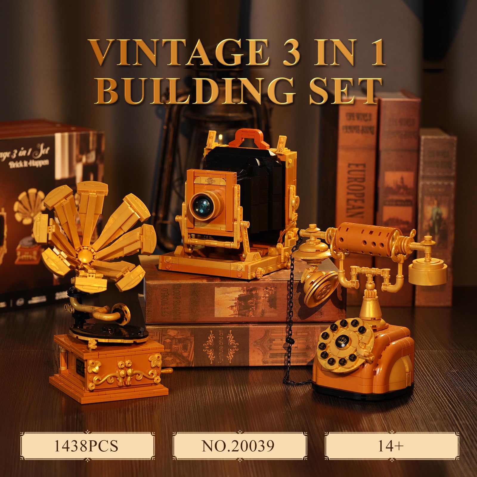 JMBricklayer Set di costruzione Giradischi Telefono Fotocamera, Retro 3 in 1 Modellino Giocattoli (20039), Modello di Display Vintage, Regali Unici per Adulti e Adolescenti