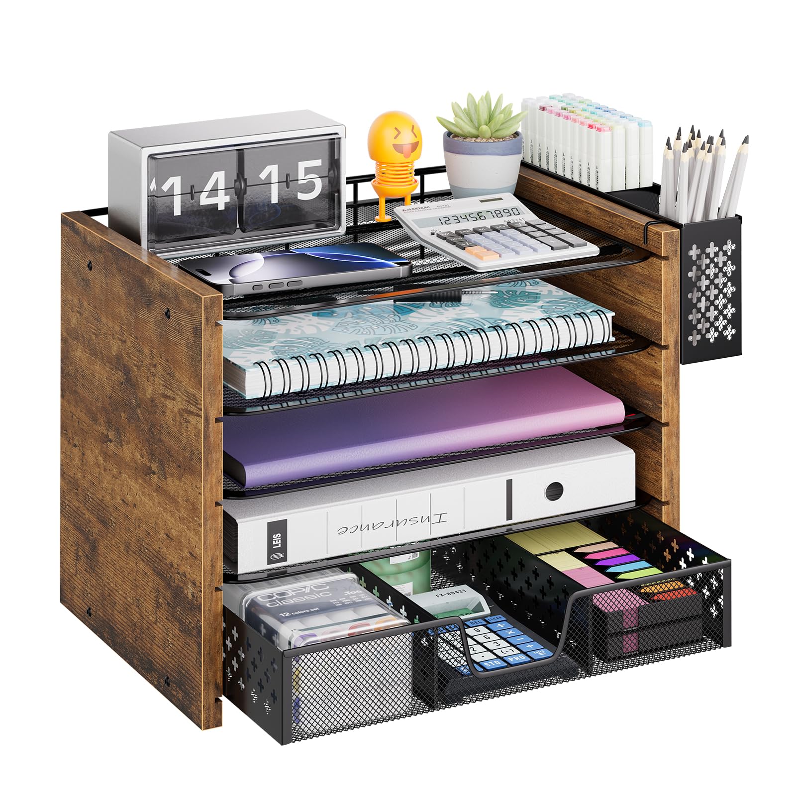 Simple Trending Organizer per carta a 5 ripiani, organizer da scrivania in legno e accessori con cassetto e portapenne, per casa, ufficio, scuola