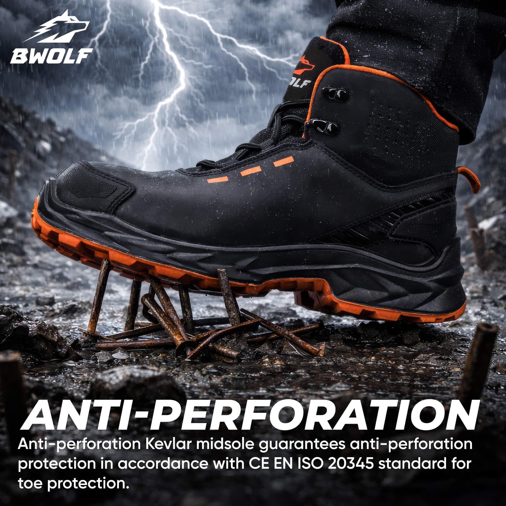 BWOLF Falcon HI S3S męskie buty robocze – czarna gładka skóra, aluminiowy nosek, podeszwa środkowa kevlar, ochrona ESD