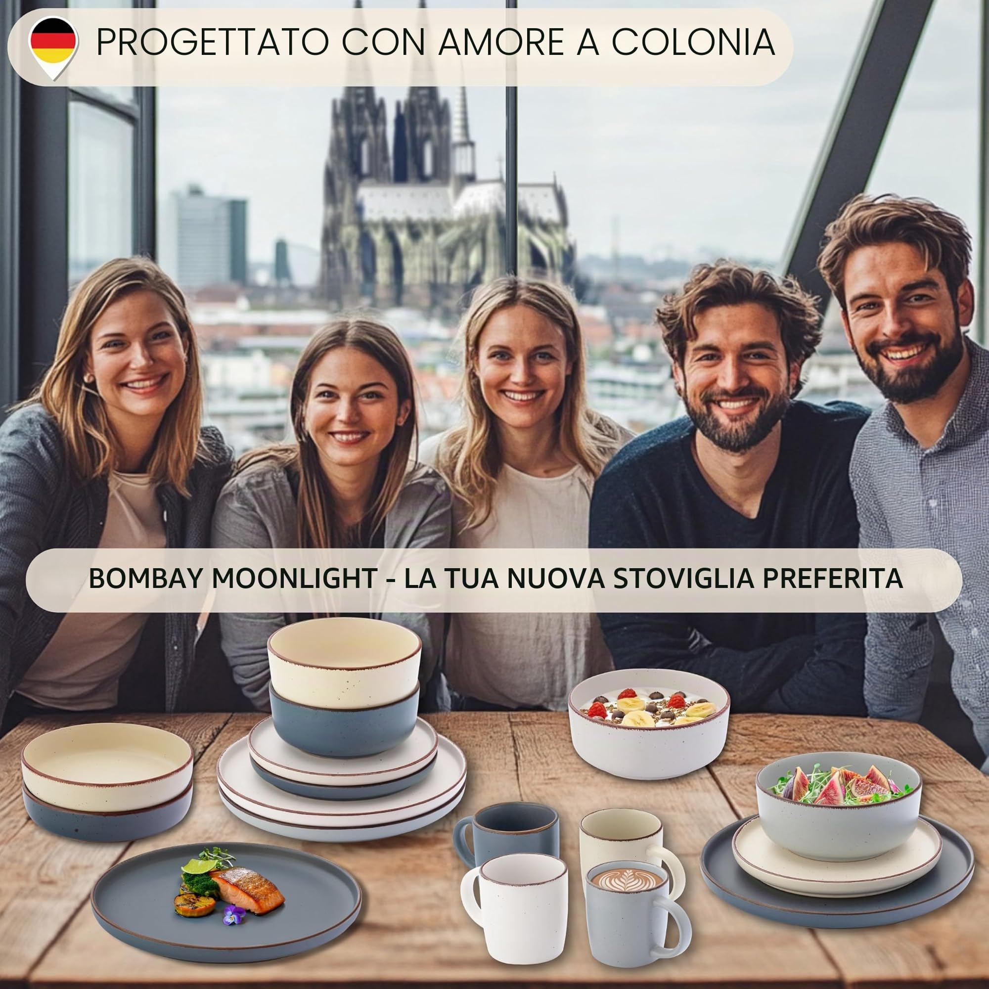 SÄNGER Bombay Moonlight | Set di stoviglie 12 pezzi, stoviglie in gres porcellanato per 4 persone, 4 piatti piani, 4 piatti da dessert, 4 ciotole, set di piatti colorati | Value Collection