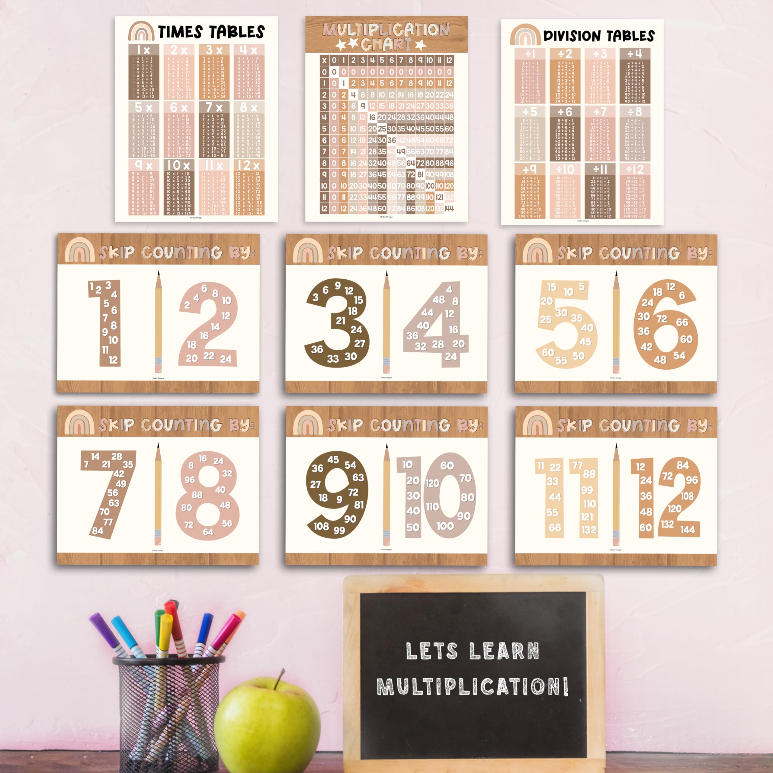 Hadley Designs Multiplication Chart Poster Set - 9 Math Posters for Classroom & Homeschool, Times Tables, Skip Counting, and Division Posters for 2nd-5th Grade Visual Learning, Boho Classroom Decor