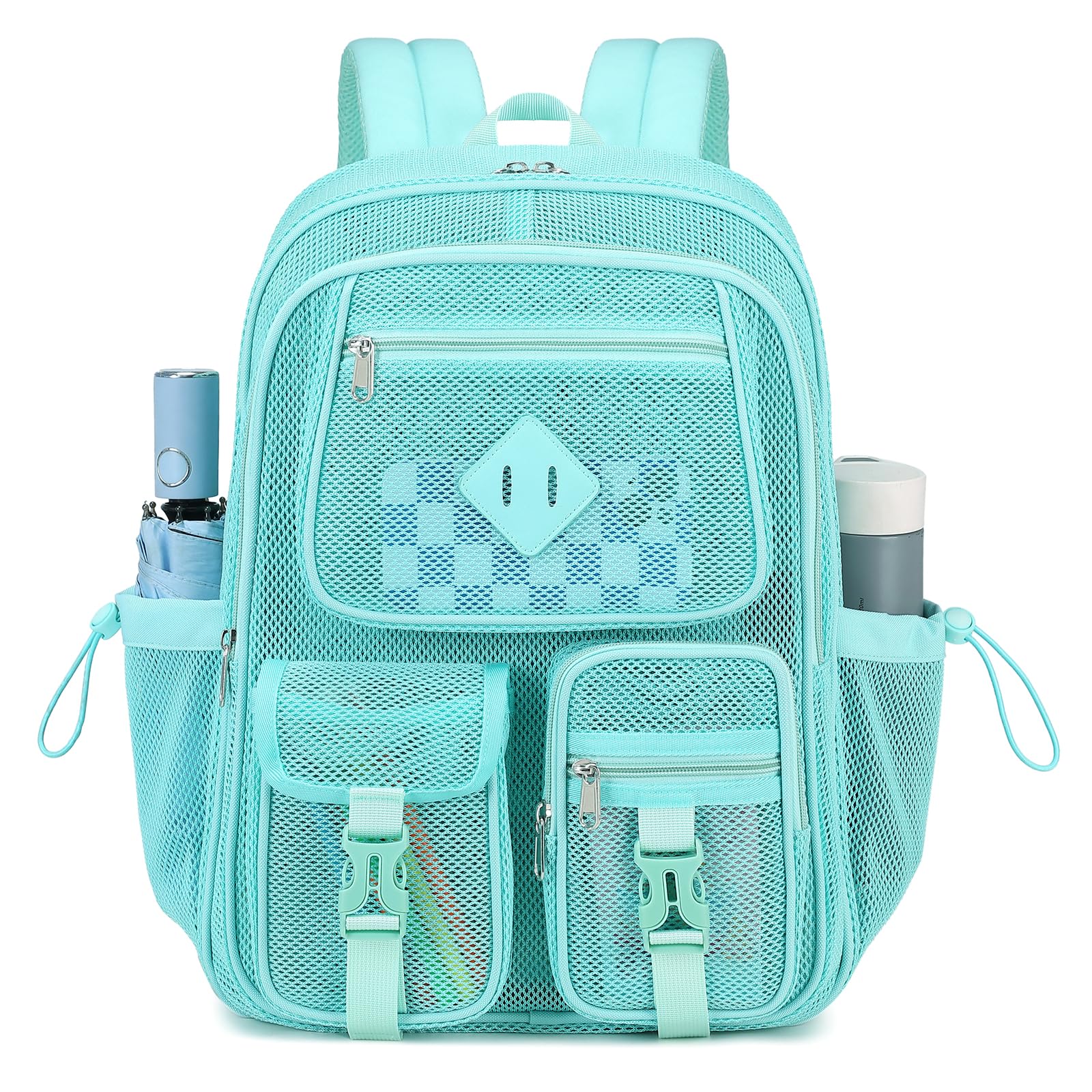 MOONBABY Mesh Backpack for School Heavy Duty See Through Net Bookbag Girls Boys Semi-Transparent Net Back Pack for Beach, Swimming, Sports, Work, Travel (Green)