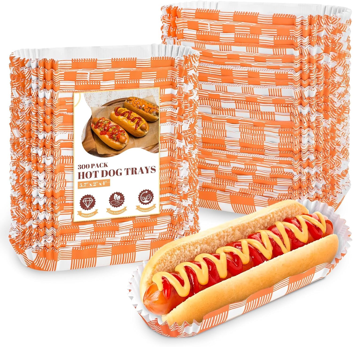 Ocmoiy Hotdog-Tabletts aus Papier, Einweg-Tabletts für Partys und Grillen, Hotdog-Halter, Hotdog-Boote, 15,2 cm, kleine geriffelte Papier-Tabletts, 300 Stück