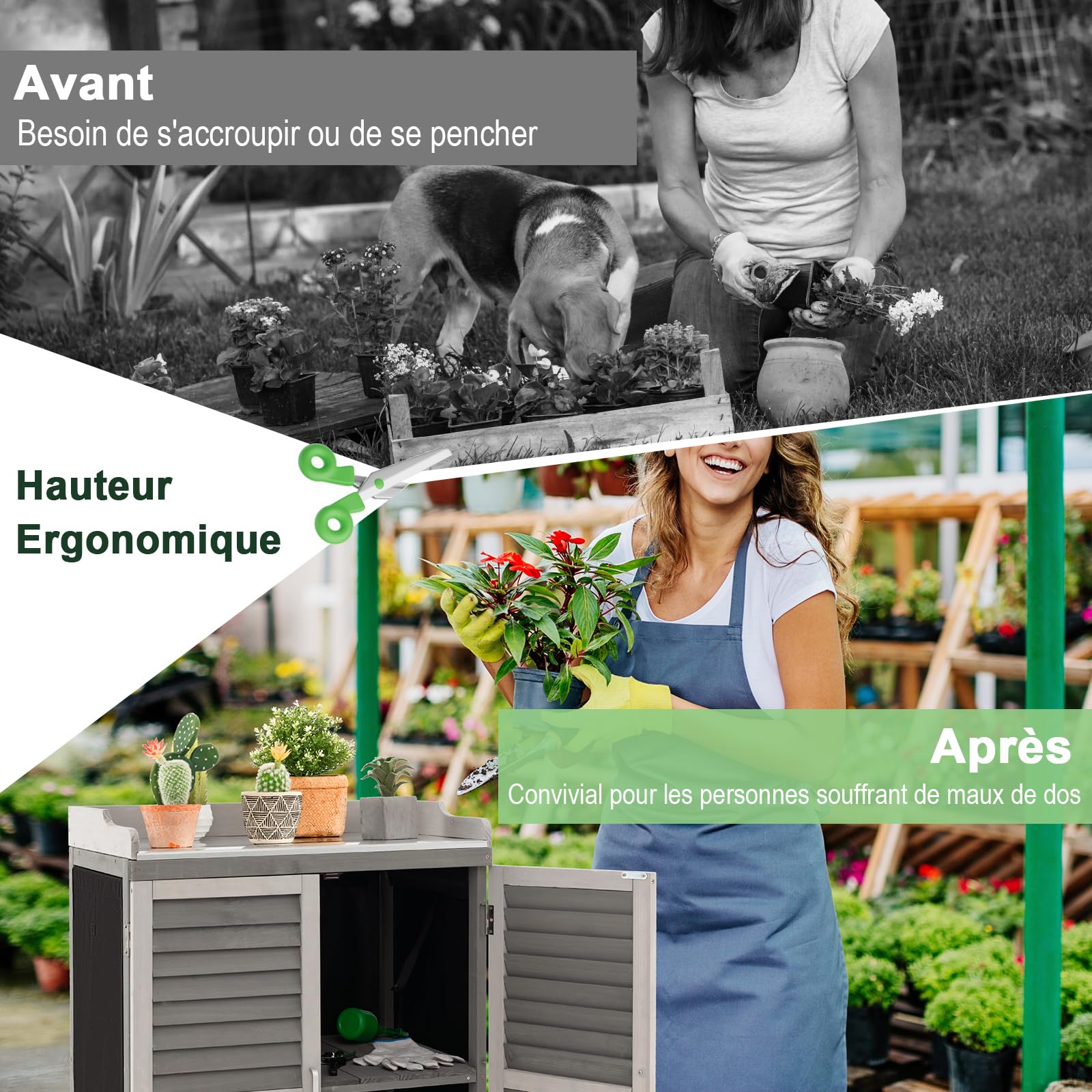 GOPLUS Table de Rempotage de Jardin en Bois de Sapin, 67 x 46 x 99,5 CM, Armoire de Rangement Extérieur, Plateau en Métal, Étagère, 2 Porte Magnétique Persiennes, Rideaux Latéraux, pour Outil, Plante